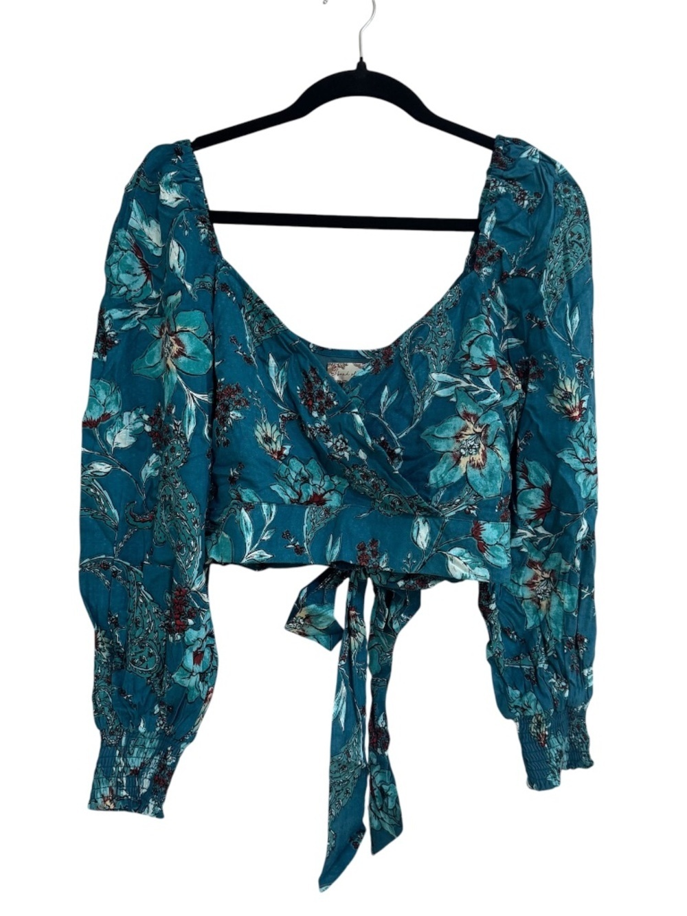 Band of The Free Womens Long Sleeve V-Neck Deep Teal Cropped Floral Top Sz S NWT
